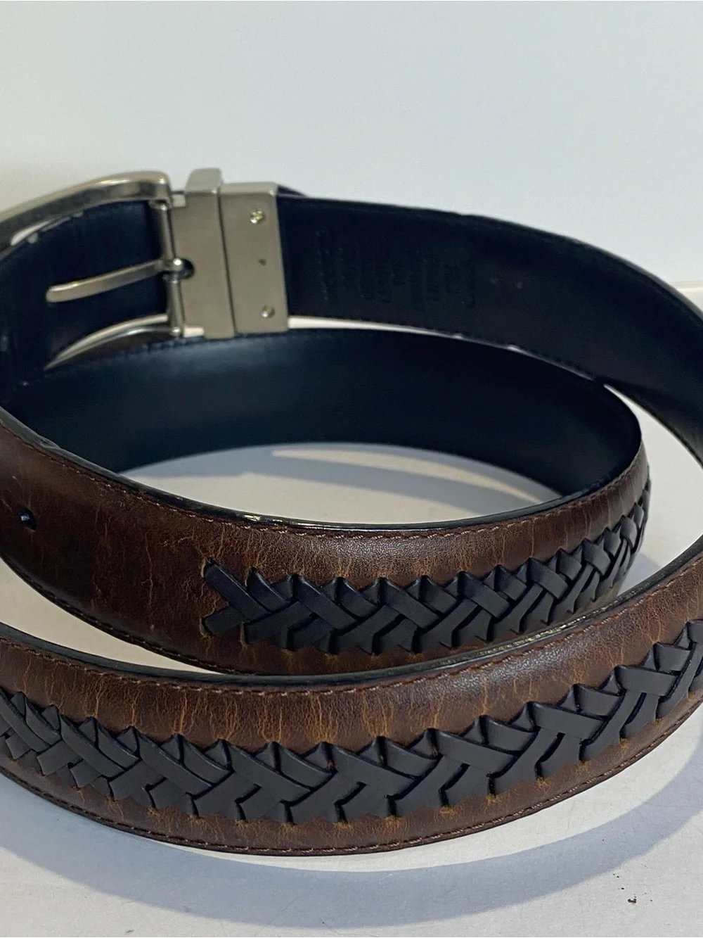 Columbia Mens Genuine Leather Belt Brown Black Braided Inlay Reversible Sz 36/90